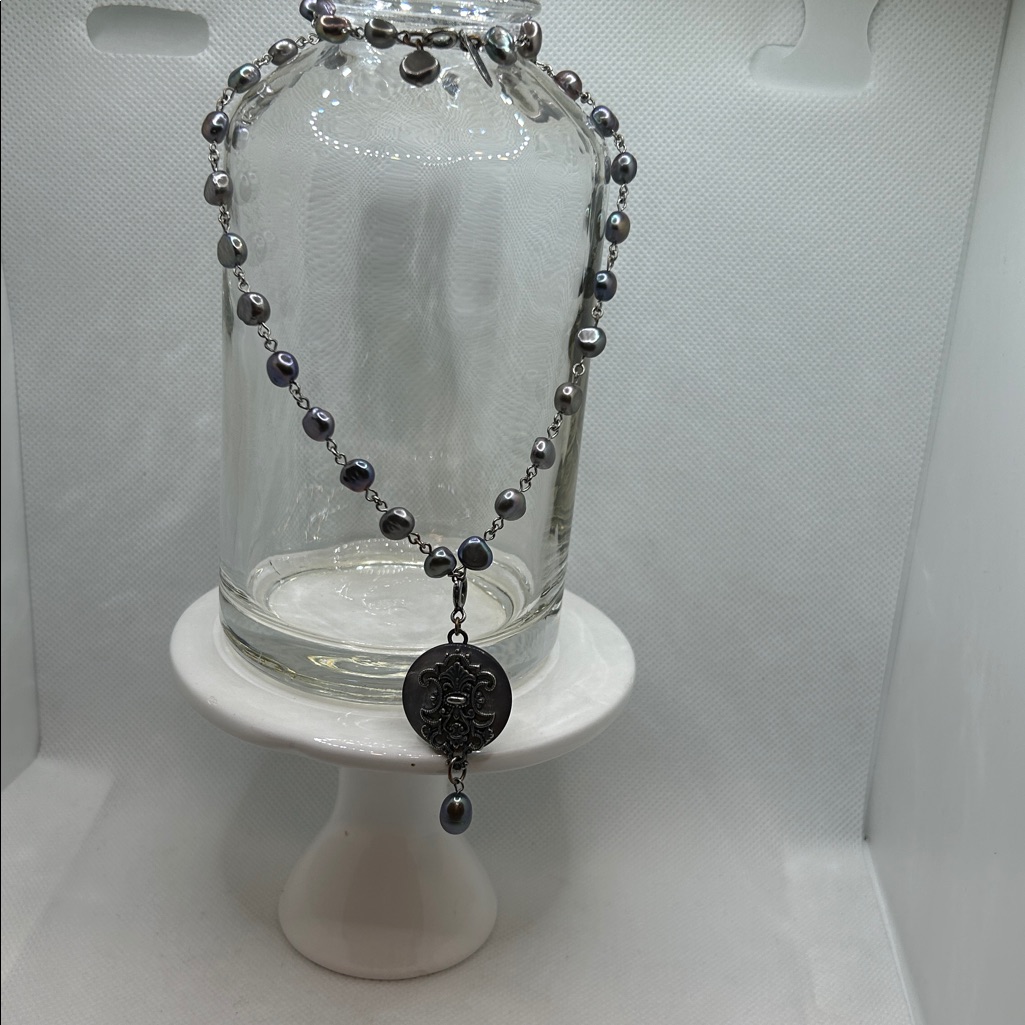 Liz Palacios Necklace, Black, Pearl, And Mother Of Pearl Detachable Pendant